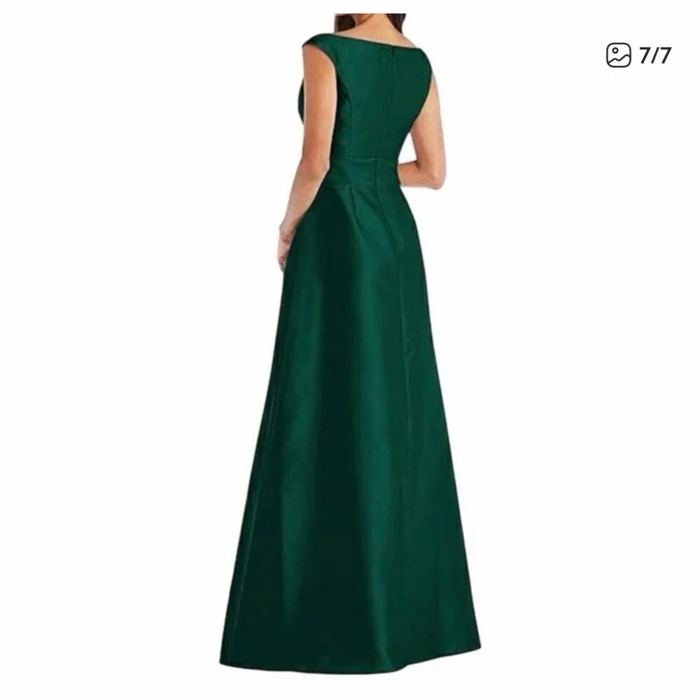 Alfred Sung dress D811s off the shoulder draped wrap satin maxi green size 2 - Picture 2 of 4